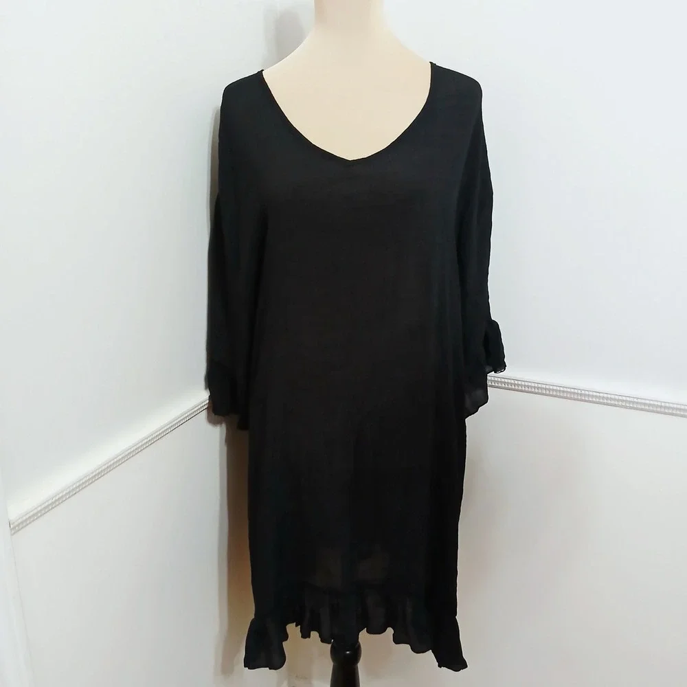 Ekouaer Black Ruffle Hem Swim Cover Up Dress Tie Back XXL New - Picture 3 of 8